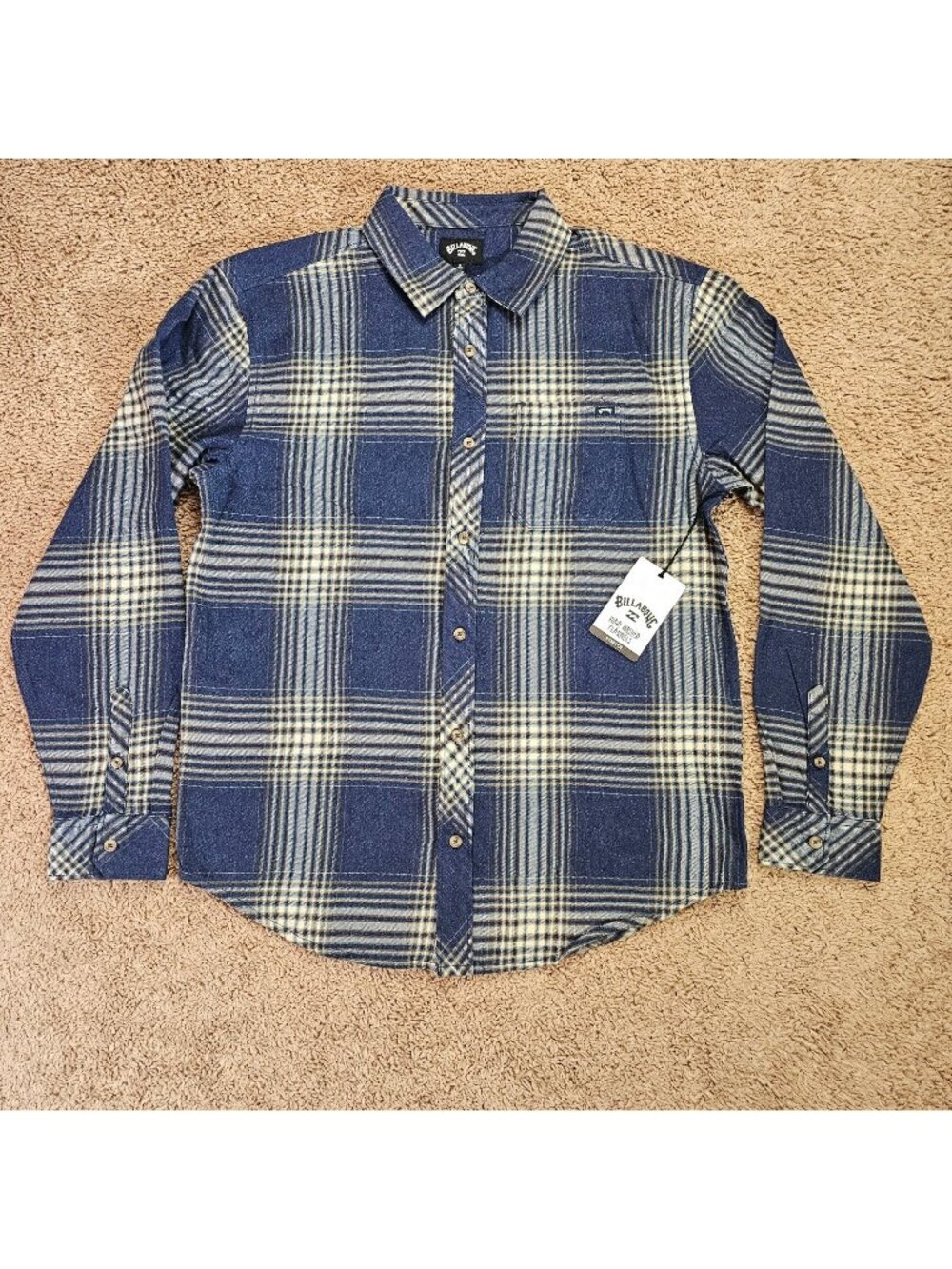 NWT Billabong Button Up Shirt Mens Blue Plaid Long Sleeve Cotton Blend Top